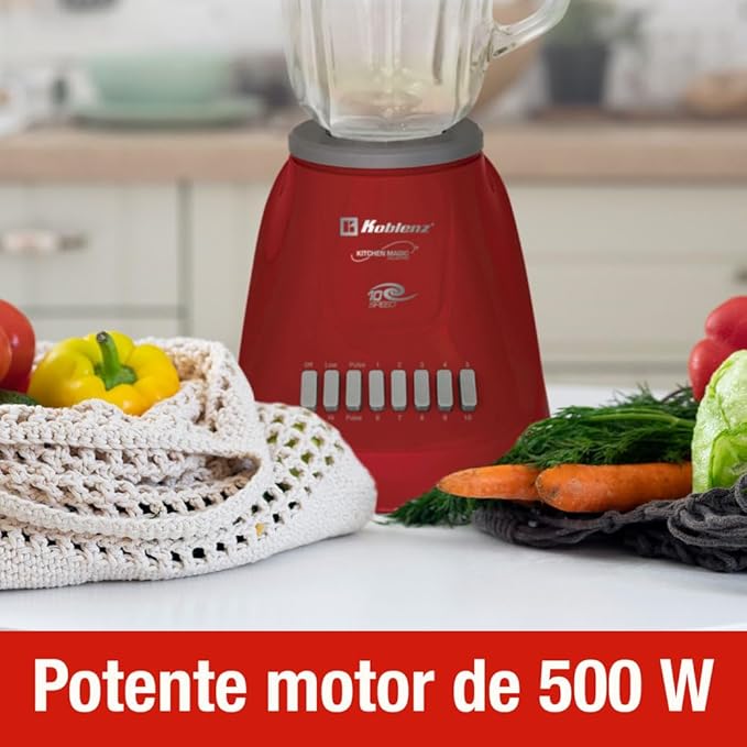 Koblenz LKM-5970 VR Blender 500W Motor 51 Oz. Glass Jar 10-Speed Blender for Smoothies Milkshakes Purees 4 Stainless Steel Blades Metal Coupling Home and Kitchen Appliances Red