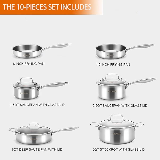 DELARLO Whole body Tri-Ply Stainless Steel Kitchen Cookware Set of 14 With Lid Heats quickly Cookware Suitable for All Stove Kitchen Pots and Pans sets