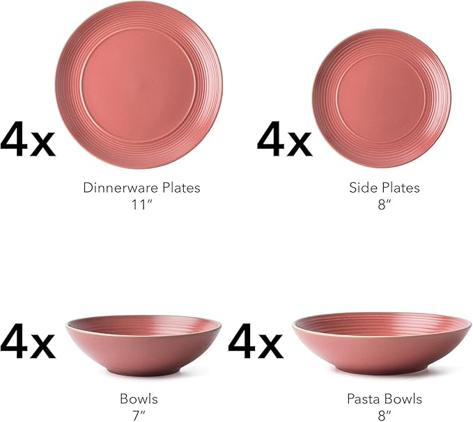 RINGAR Round Stoneware 16pc Double Bowl Dinnerware Set for 4 Dinner Plates Side Plates Cereal Bowls Pasta Bowls - Speckle Matte Red (395438) Visit the Arora Store