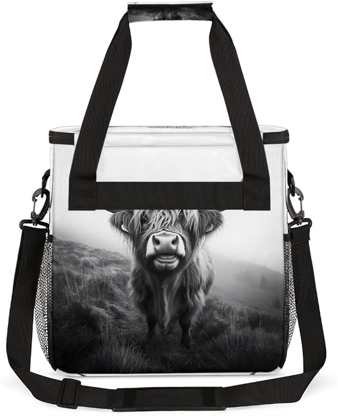 Alpine Cattle Black White Grassland Coffee Maker Carring Bag Travel Carrying Storage Tote Bag Compatible with Keurig K-Mini or K-Mini Plus Portable Single Serve Coffee Brewer Case with Pockets