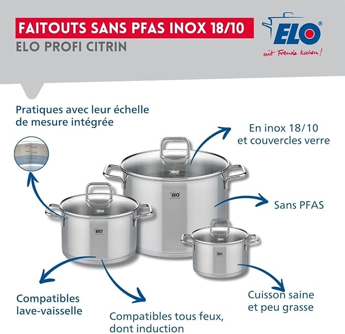ELO 9500750 Cookware Set 4-Piece 1 Frying Pan 32 cm and 3 Cooking Pans 14 20 and 26 cm Elo Profi Citrine Stainless Steel Induction