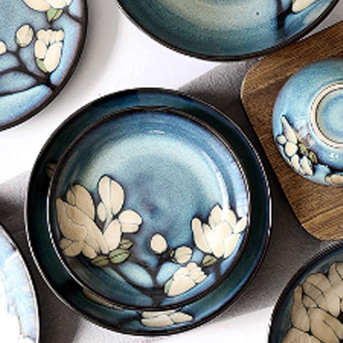 SHINING Blue Creative Hand Painting Porcelain Dinnerware Tableware Dinner Service Set Saqure Plate Deep Plate Bowl For Wedding Birthday Christmas Gift (7 Deep Plate)