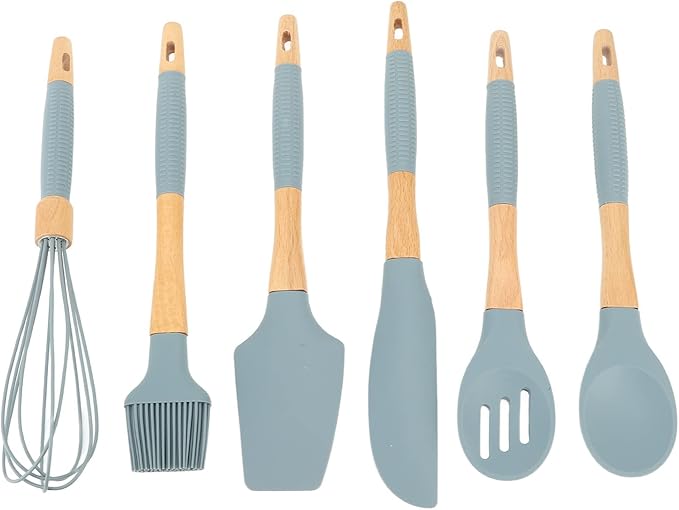 Silicone Cookware6 Piece Silicone Cutlery Set Wooden Handle Cookware Set Suitable for Home Restaurant Kitchen Gadgets