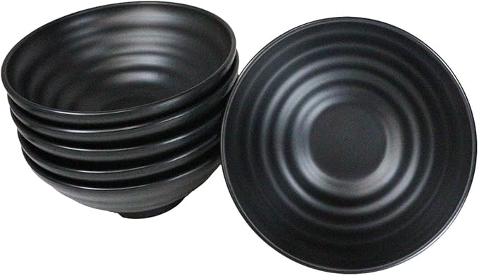 Ebros Gift Contemporary Ridged Matte Black Melamine Series Dinnerware Serveware Kitchenware Set Japanese Chinese Restaurant Supply (Pack Of 6 Round Ramen Soup Pasta Salad Bowls 40oz)
