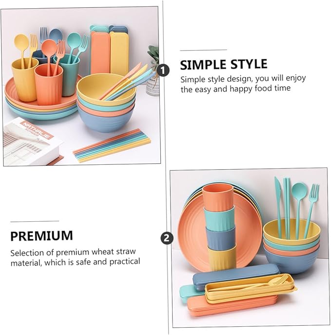 4sets Portable Cutlery Set Straw Bowl Cup Plate Farmhouse Dinnerware Wheatstraw Dinnerware Set