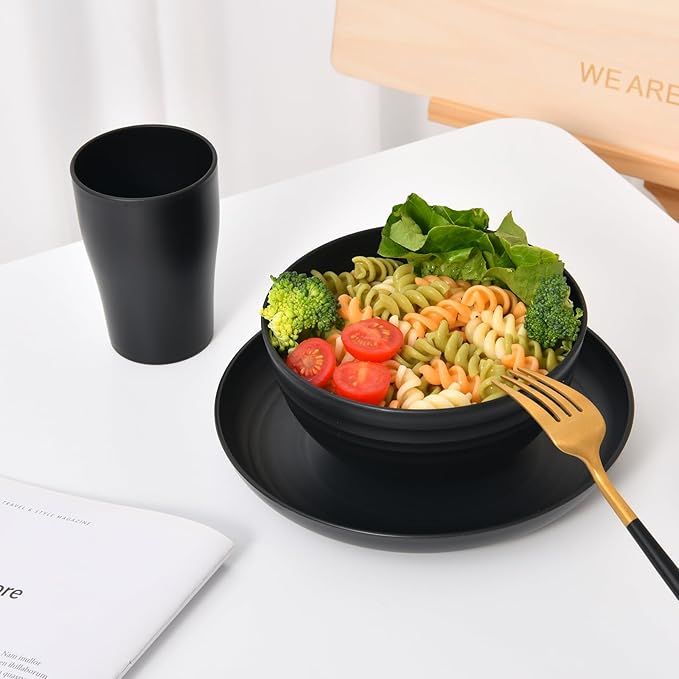 32 Piece Wheat Straw Dinnerware Set - Black Plates and Bowls for 8 Unbreakable Dishwasher &amp Microwave Safe Reusable Lightweight Tableware Ideal for Camping and Everyday Use