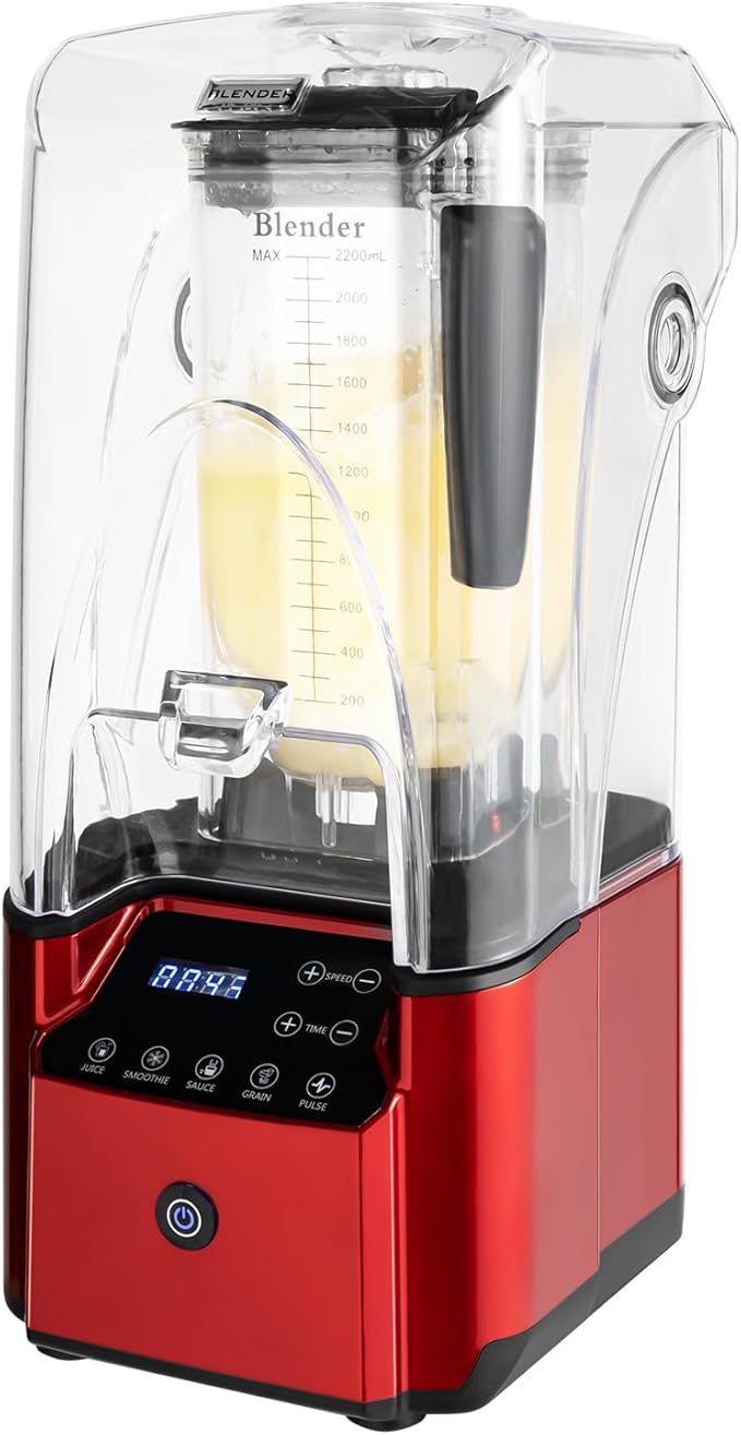 Commercial Smoothie Blender 2200 Watt Power Smart Blender Fruit Juicer Food Processor Professional with Removable Guard Soundproof Smoothie Maker Upgraded Blades (Red)