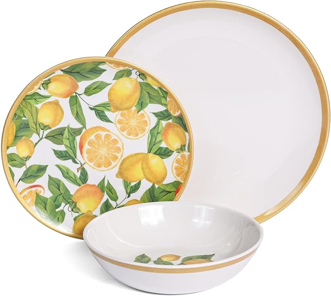 Melamine Dinnerware Sets- 12pcs Melamine Plates and Bowls Set for 4Indoor and Outdoor Dinnerware Lemon dinnerware set