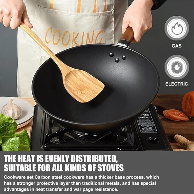 3-Piece Non-Stick Carbon Steel Cookware Set – Frying Pan Soup Pot Iron Pot with Wooden Handles Dishwasher Safe