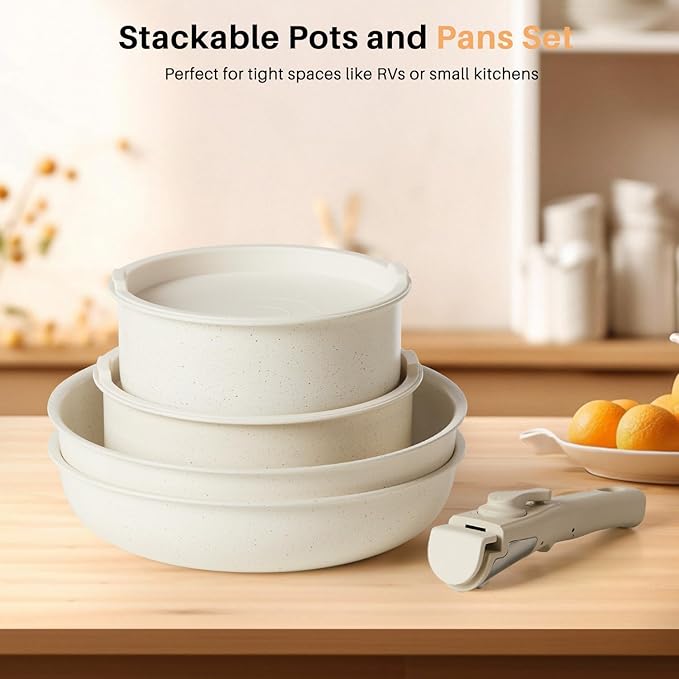 12 PCS Pots and Pans Set Non Stick Kitchen Induction Cookware Oven-Safe Stackable RV Cookware with Detachable Handle