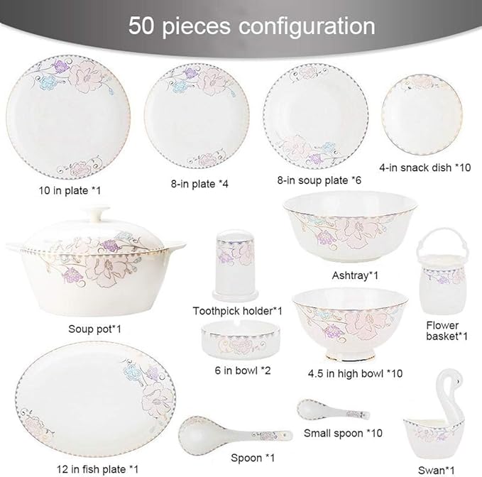 Dinnerware Set Dinner Set Plates and Bowls Set Bowl/Dish/Soup Pot/Spoon|Bone China Dinner SetsPurple Flower Pattern Porcelain Combination Set(