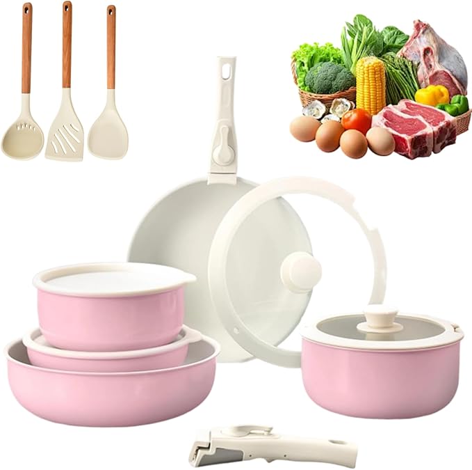 Cookware Set 5/11 Piece Utensils Cookware Set Removable Handle Stackable Nonstick Cooking Set for Kitchen With All Stovetops for Kitchen (Pink 11PCS)