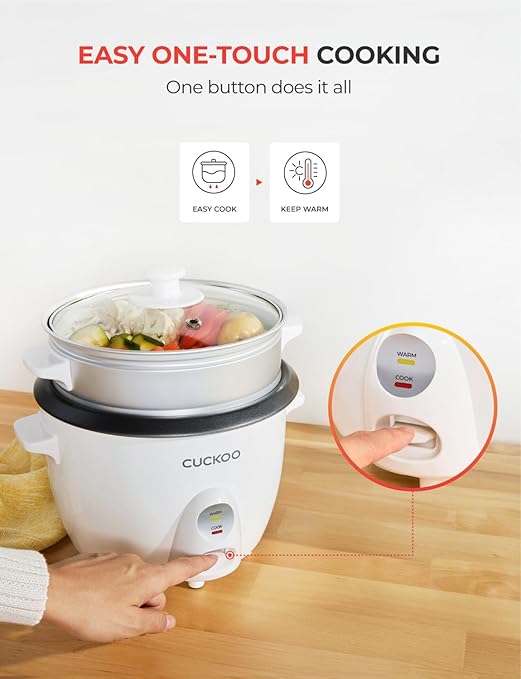 CUCKOO One Touch Rice Cooker 12-Cup Cooked Small Rice Cooker &amp Warmer with Steamer Tray Versatile Grain Cooker Soup Maker Auto Keep Warm 6-Cup Uncooked White (CR-0601C)