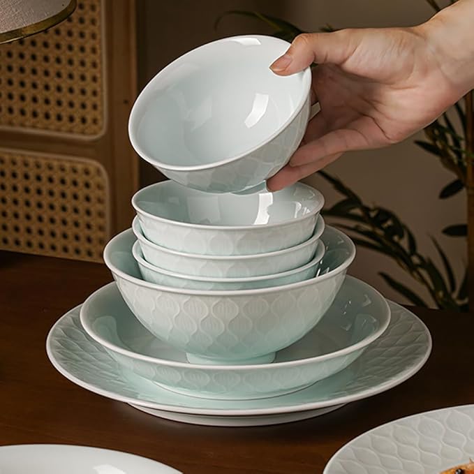 Celadon Green Stoneware Dinnerware Set 12-Piece Embossed Leaf Pattern Bowls &amp Plates Set - 10” &amp 8” Plates 5” Rice Bowls - Zen-Inspired Dishwasher &amp Microwave Safe