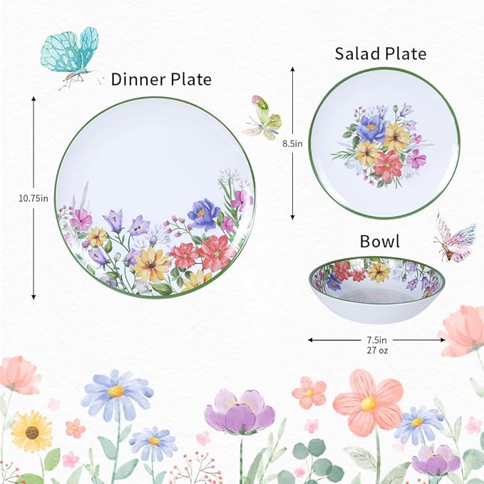 12 Piece Floral Melamine Dinnerware Sets Green Camping Dishes Set Spring Lightweight Plates and Bowls Sets Service for 4 Unbreakable Dishwasher Safe Dish Set for Indoor &amp Outdoor Use
