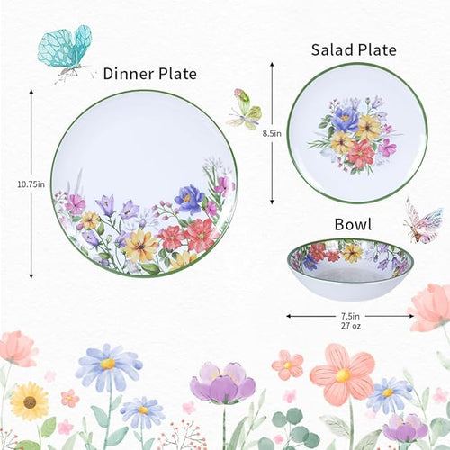 12 Piece Floral Melamine Dinnerware Sets Green Camping Dishes Set Spring Lightweight Plates and Bowls Sets Service for 4 Unbreakable Dishwasher Safe Dish Set for Indoor &amp Outdoor Use
