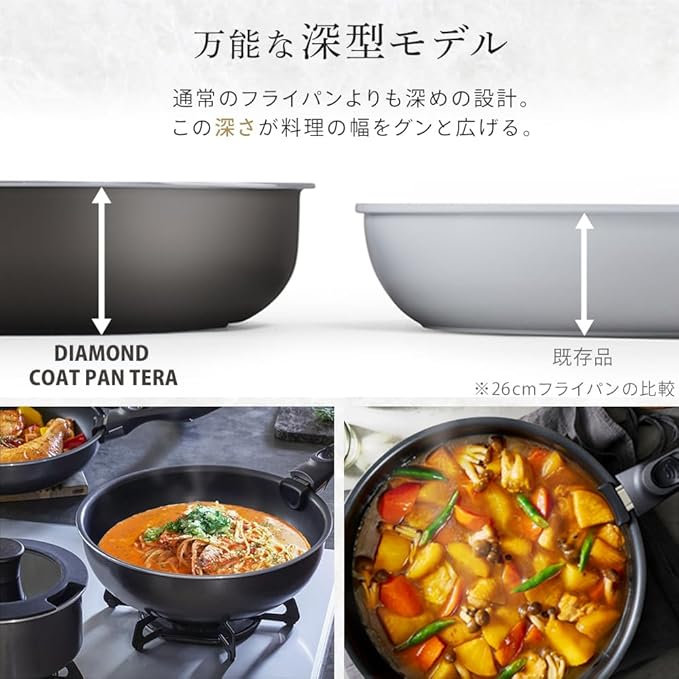 Iris Ohyama EHDC-S12S DIAMOND COAT PAN TERA Frying Pan Set with Removable Handle 12-Piece Set Uses Strongest Non-Stick Coating Deep Frying Pan Set Non-Scorching Rustless 3-Layer Construction