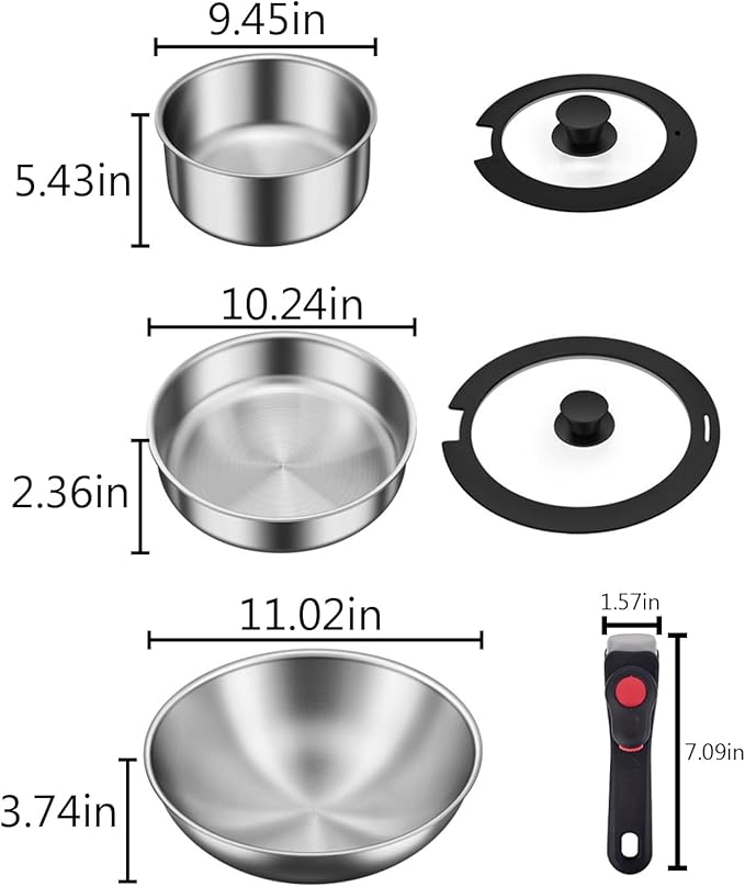 Stainless Steel Cookware Set 6pcs Wok Pots and Pans Set Non Stick with Detachable Handle Induction Cookware Set Kitchen Cooking Sets RV/Camping Cookware Dishwasher &amp Oven Safe6pcs