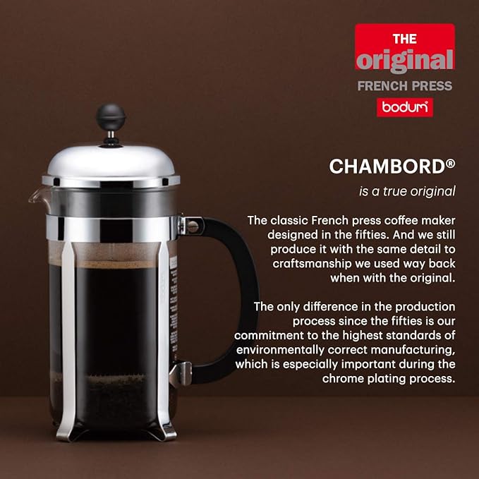 Bodum 34oz Chambord French Press Coffee Maker High-Heat Borosilicate Glass Stainless Steel White – Made in Portugal