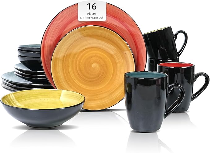 Sonoma 16 Piece Stoneware Dinner Set Outside Black + Inside Handpainted Mixed Colors Blue Green Red Yellow with speckle