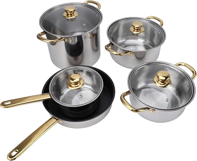 Ergonomic Stainless Steel Cookware Set with Golden Handles Multifunctional Pots and Pans with Glass Lids Ideal for Kitchen