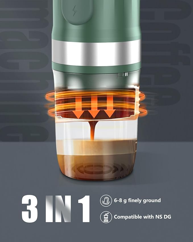 Portable Espresso Machine 3Minute Auto Heat12V Rechargeable Electri Coffee Maker 20 BaCompatible with NS DG Capsules and GroundCoffee for Camping Travelling RVing HikingandOffice (Green)