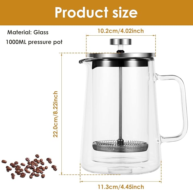350/650/1000ml French Press Coffee Maker Double Wall Glass French Press Clear French Press Tea Maker Multifunctional Coffee Press Coffee Maker for Home Office (650ML)