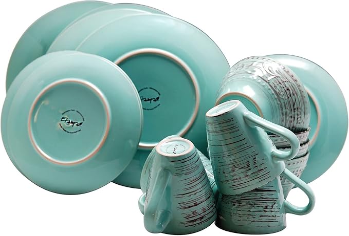 Malibu Waves 16-Piece Dinnerware Set in Turquoise Blue Textured Traditional Round Stoneware 16 Piece Dishwasher Safe