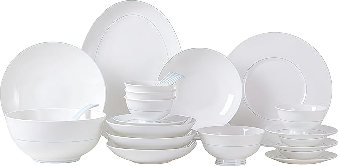 Fine Bone China Dinnerware SetPorcelain&ampCeramic Dinnerware SetsBone Stoneware &amp Ceramic Cookware Tableware Set Includes Dinner Plates|Spoons|Pasta Bowls|Soup Pot|Chopsticks (30PCS * 6-Person