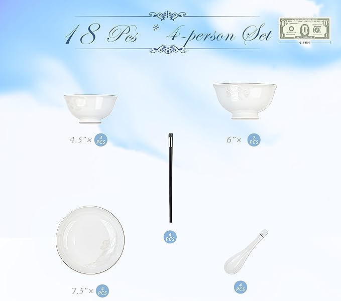 Fine Bone China Dinnerware SetPorcelain&ampCeramic Dinnerware SetsBone Stoneware&ampCeramic Cookware Tableware Set Includes Dinner Plates|Spoons|Pasta Bowls|Soup Pot|Chopsticks (18PCS * 4-Person S