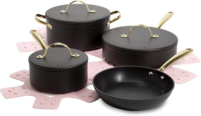 Paris Hilton Iconic Nonstick Pots and Pans Set Multi-layer Nonstick Coating Matching Lids With Gold Handles Made without PFOA Dishwasher Safe Cookware Set 10-Piece Black
