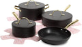 Paris Hilton Iconic Nonstick Pots and Pans Set Multi-layer Nonstick Coating Matching Lids With Gold Handles Made without PFOA Dishwasher Safe Cookware Set 10-Piece Black