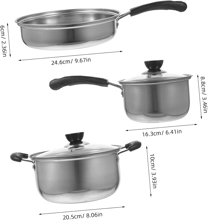 PRETYZOOM 3-Piece Stainless Steel Cookware Set Soup Pot Milk Pan Frying Pan Sturdy Kitchen Essentials for Daily Cooking Compatible Induction Cooktops Dishwasher Safe