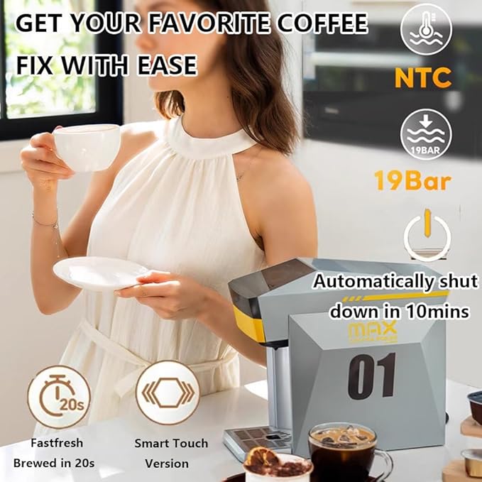 Espresso Machine 19bar Single-Serve Coffee Maker Capsule Coffee Machine with 800ML Water Tank Intelligent Touch Control Fast Brew for Latte Cappuccino Home Office Use Grey