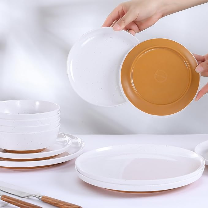 Webbylee 12-Piece Melamine Dinnerware Set for 4 – Unbreakable Plates &amp Bowls BPA-Free Lightweight Two-Tone White &amp Brown Ideal for Family Meals Camping Picnic Parties
