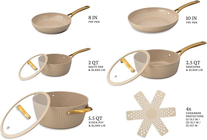 12 Pc Ceramic Cookware Set Nonstick Pots Pans and Fry Pans – Ceramic Non-Stick Ribbed Cookware Set Ergonomic Stay Cool Handles 446°F Oven Safe Dishwasher Safe (Taupe)