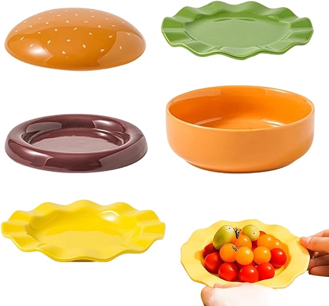 Burger Plate Set - Stackable Ceramic Dinnerware | Cute Appetizer Serving Plates with Smooth Glazed Finish Durable Oven Design &amp Space Saving Stackable Structure for Parties Picnics Home D