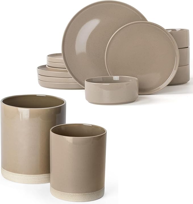 Famiware Nebula Plates and Bowls Set of 12 and Milkyway Kitchen Utensil Holder for Countertop Set of 2 14 Pieces Dinnerware Sets Cinnamon Brown