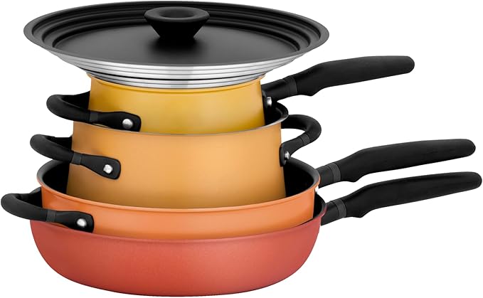 Meyer 6pc Stackable Set with Universal Lids | Hard Anodized Non Stick and Stainless Steel Pots and Pans | Induction Compatible | Dishwasher Safe | Oven Safe | Red Orange Yellow | Accent Cookware