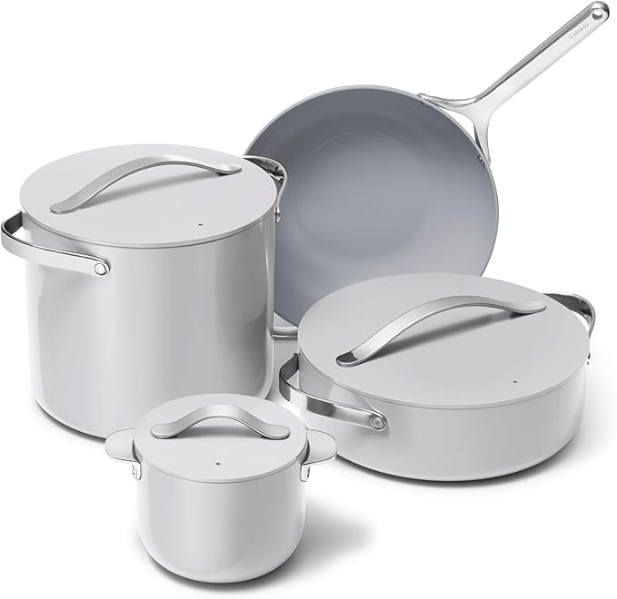 Caraway Cookware+ Collection - Specialty Cookware Set - Petite Cooker Stir Fry Pan Rondeau &amp Stock Pot - 3 Lids &amp Storage Organizer Included - Gray
