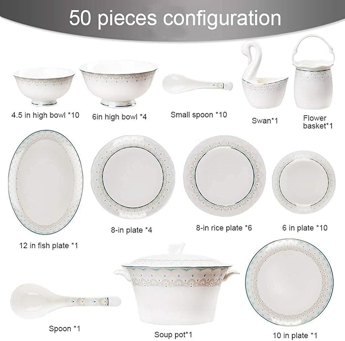 Dinnerware Set Dinner Party Tableware Service Set Ceramics Dinnerware Set with 50-Piece Bowl/Dish/Soup Pot/Spoon|Bone China Dinner Sets Blue Pattern Porcelain Combination Set