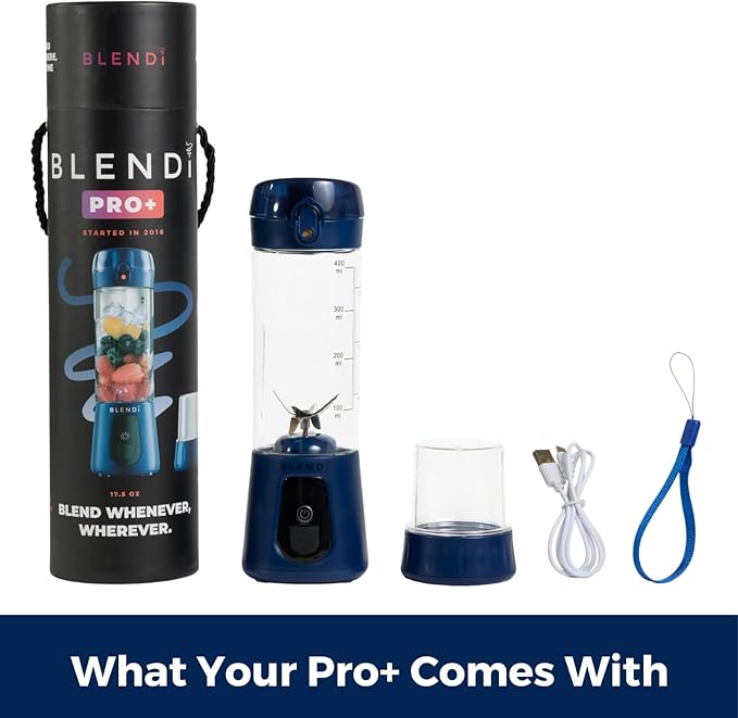 BLENDi Pro+ Portable Blender (17.5oz Navy Blue) – Powerful Ice Crushing 120W Motor USB-C Rechargeable Cordless Personal Blender Smoothies &amp Shakes – BPA-Free Self-Cleaning Travel-Friendly
