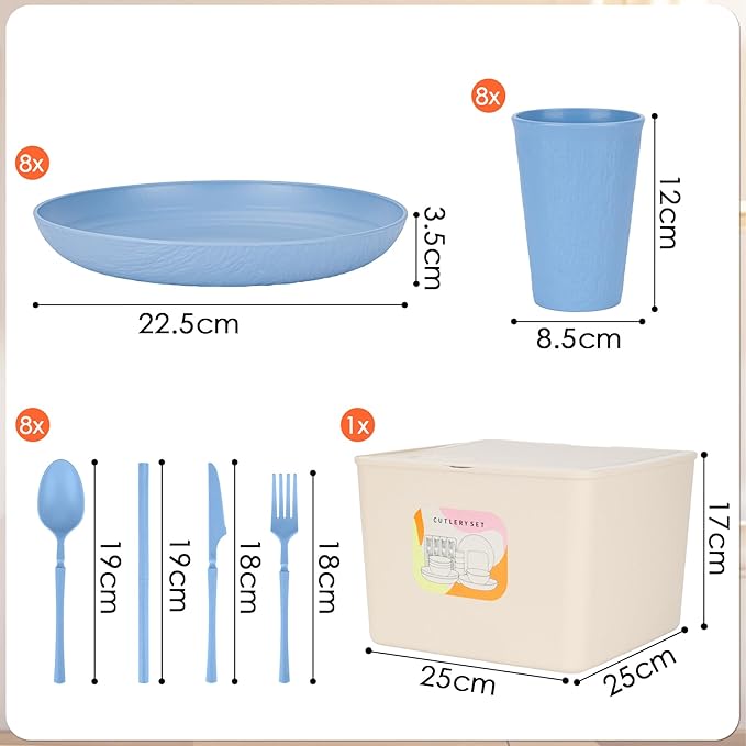 49pcs Dinnerware Sets for 8 People Unbreakable Plates Sets Reusable Storage Box Travel Camping Picnic Home Party Cutlery Set Dishwasher Microwave Safe Dishes