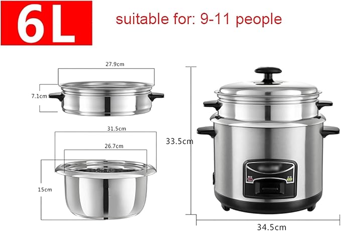 Rice Cooker - Rice Cooker With Steamer (2-6L) Portable Rice Cooker 201 Stainless Steel Inner Pot Intelligent Insulation Make Rice &amp Steam Healthy Food &amp Vegetables for 1-11 People ( Size