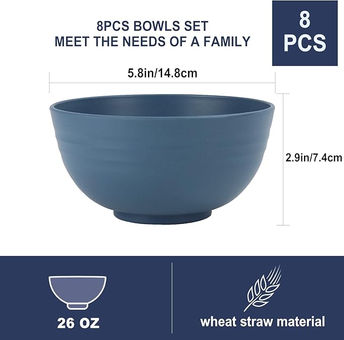 Wrova wheat straw bowls and plates sets with 16oz mugs - unbreakable dinnerware sets of 22 - Vibrant Series
