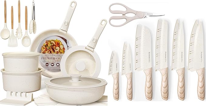 Astercook 34 Pcs Pots and Pans Set Non StickCeramic Cookware Set Detachable Handle with Kitchen Knives Set