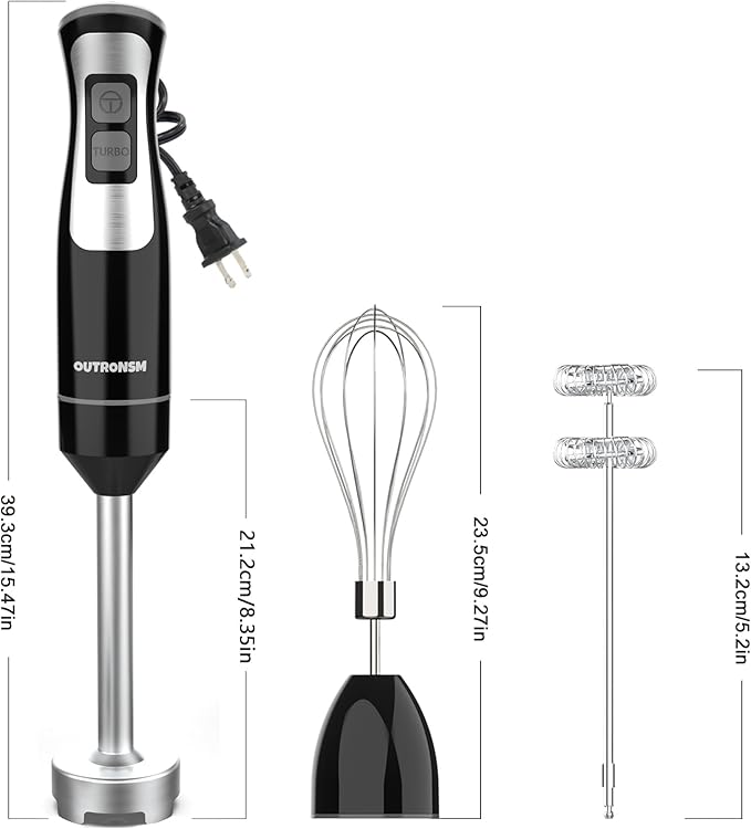 Immersion Blender Handheld OUTRONSM Hand Blender with 4-point thickened SS blades Milk Frother Egg Whisk for Coffee Milk Foam Puree Baby Food Smoothies Sauces and Soups – Black