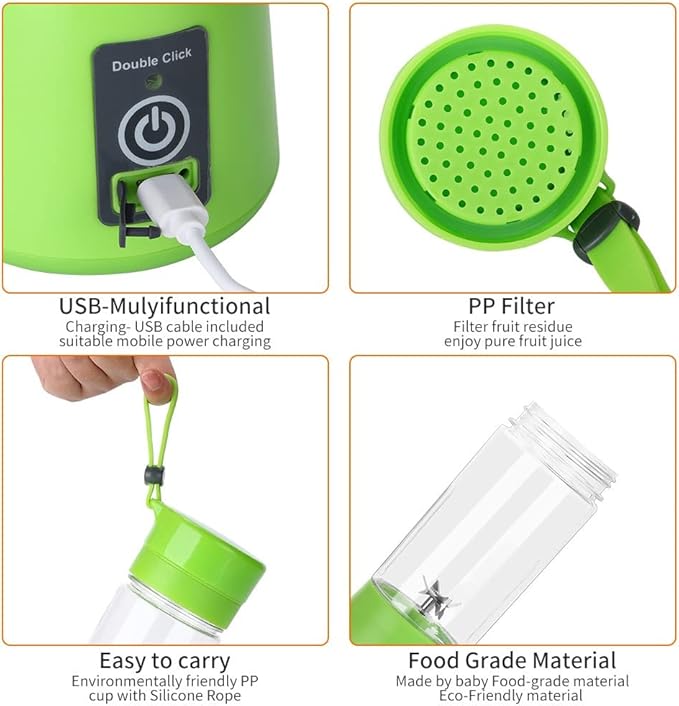 Portable Blender Smoothies Personal Blender Mini Shakes Juicer 380 ml Cup USB Rechargeable Cordless Shaker Bottle (Blue) 8x3 (Q2-6888)