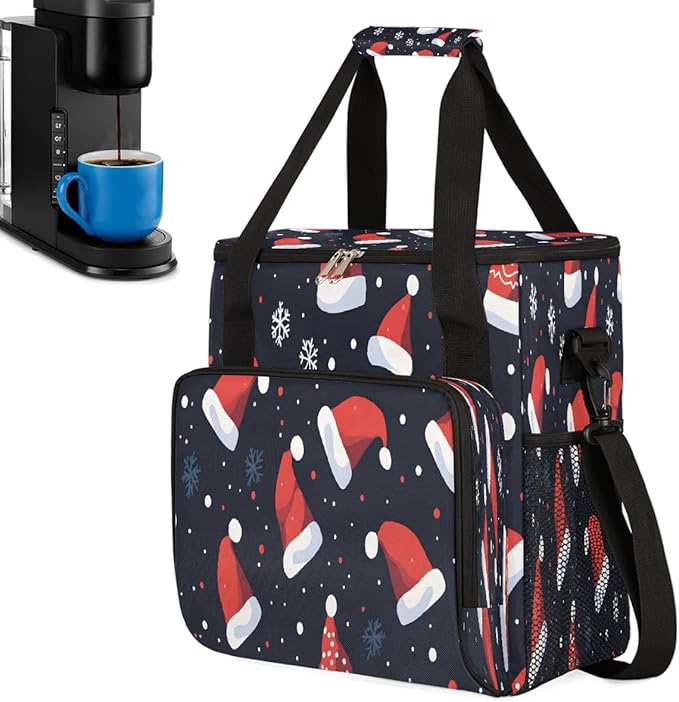 Christmas (703) Coffee Maker Carring Bag Travel Carrying Storage Tote Bag Compatible with Keurig K-Mini or K-Mini Plus Portable Single Serve Coffee Brewer Case with Pockets for K-cup Pods