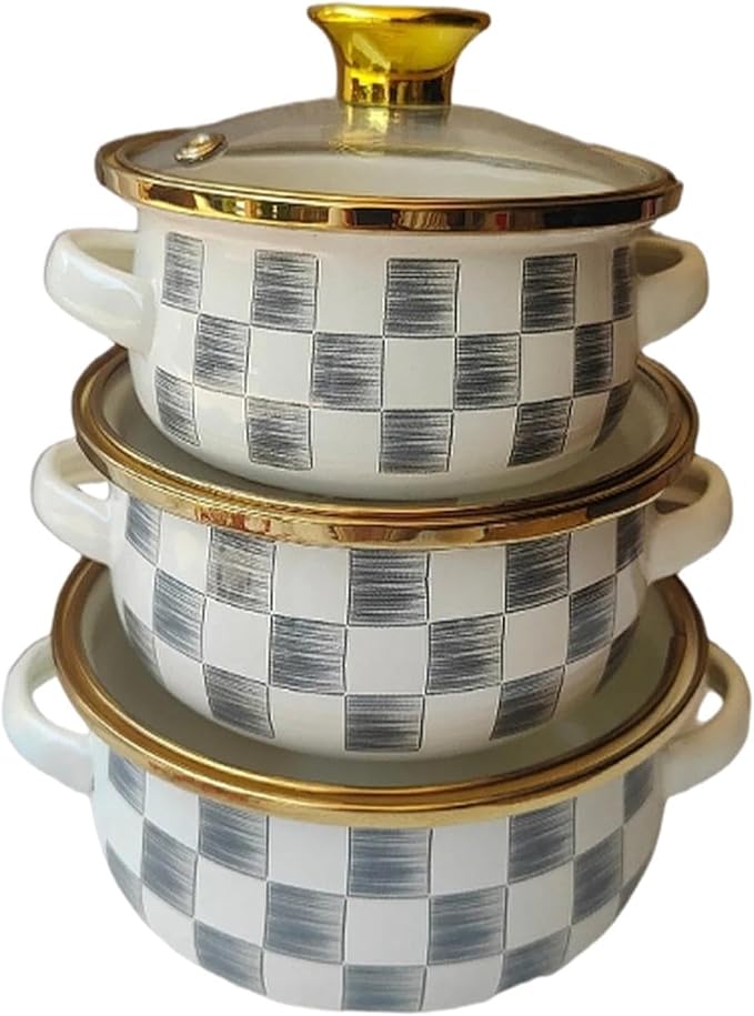 Pack of 3 Enameled Cookware Set for Multifunctional Kitchens Use Porcelain Materials Sturdy Design Ideal Family